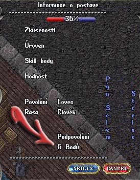 Exp menu otvorené s počtom bodov podpovolania